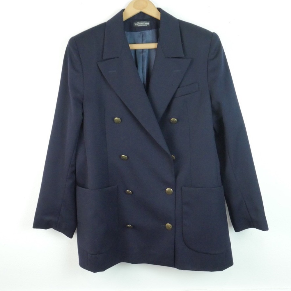 J Peterman Women's Double Breasted Blazer Navy Blue Gold Buttons 14 Wool Vintage - Picture 2 of 16
